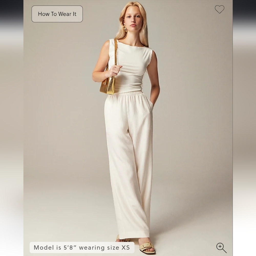 NWT J. Crew Stratus Pant in Textured Satin in Ivory, Relaxed Wide Leg PL